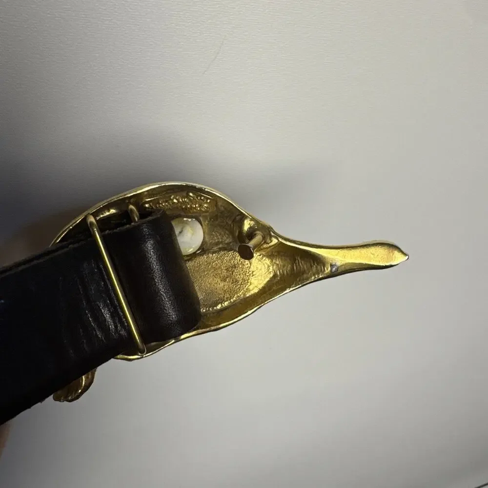 Vintage 1980s Christopher Ross Mallard Duck Belt Buckle 24kt Gold Original Belt